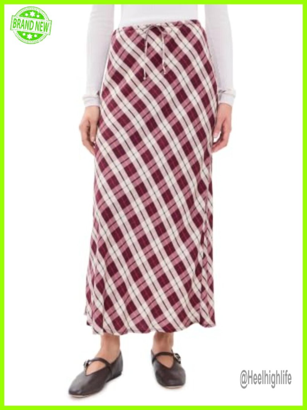 Silky Satin Plaid Maxi Skirt Lyocell Midi Drawstring